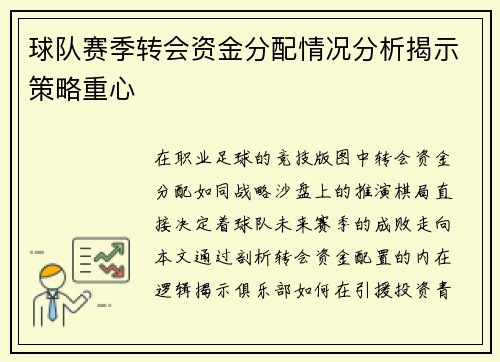 球队赛季转会资金分配情况分析揭示策略重心
