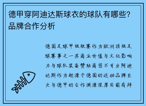 德甲穿阿迪达斯球衣的球队有哪些？品牌合作分析